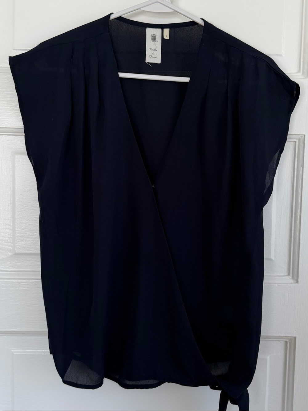 Needle & Thread Navy Wrap-Style Cap Sleeve Blouse